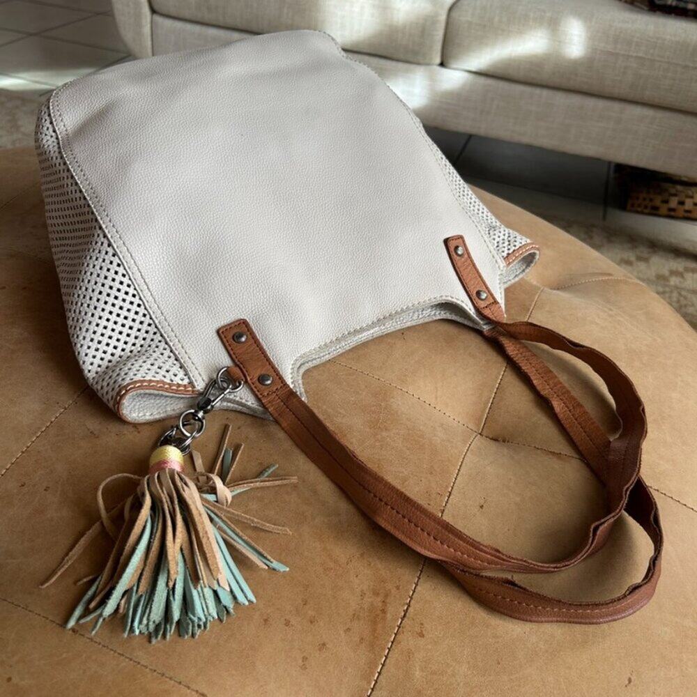 Boho Resort Genuine Leather Slouchy Tote Hobo Bag Tassle White - Picture 6 of 16